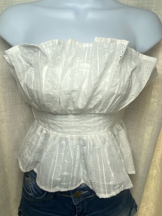 Thirty Thirty Tops - Thirty Thirty White Eyelet Strapless Peplum Top Ruffle Tube Blouse Size XS